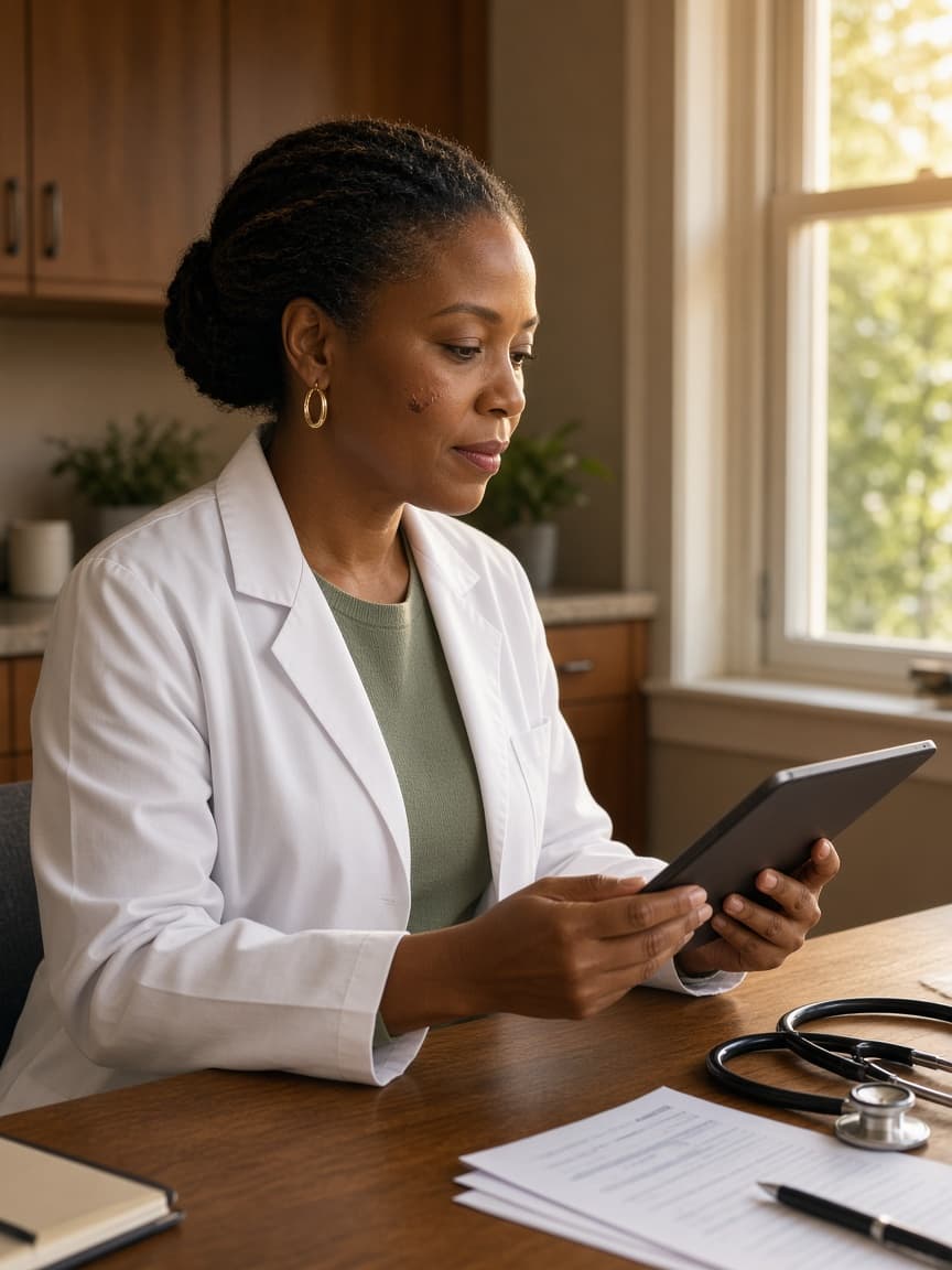 Physician reviewing a chart in clinic