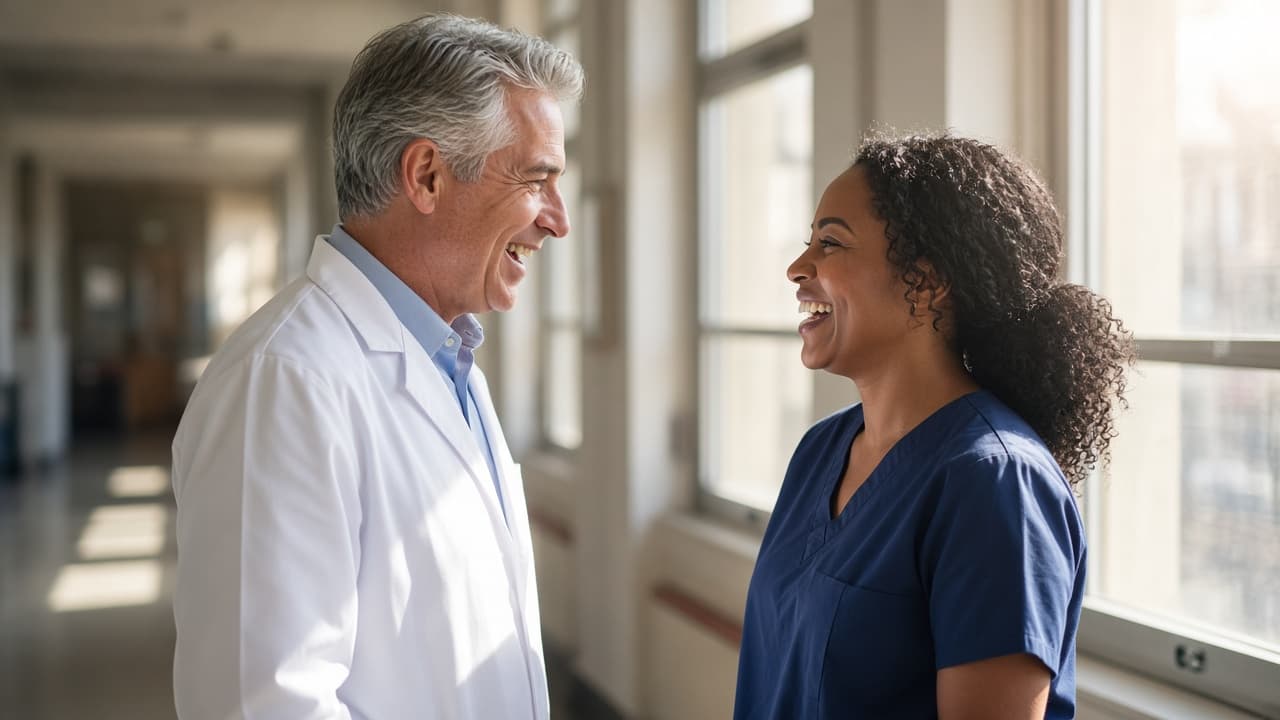 Physicians walking through a clinic
