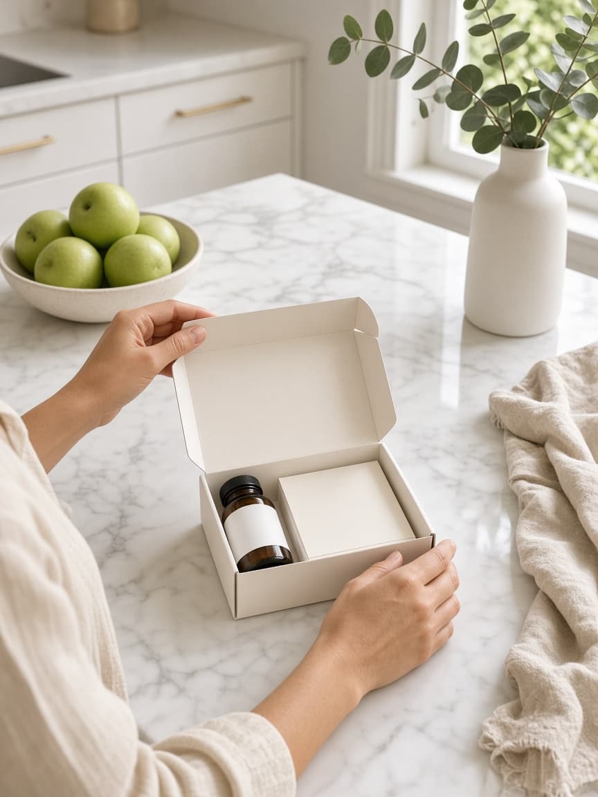 Hands opening a prescription bottle at a bright kitchen counter